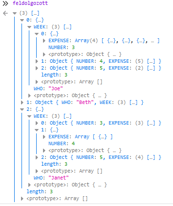 Feldolgozott JSON böngésző consoljában